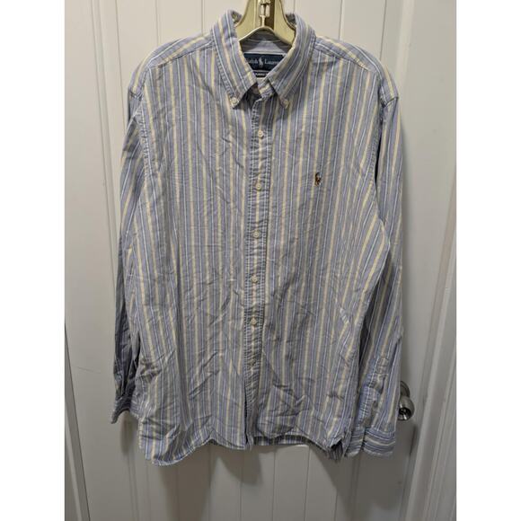 Ralph Lauren Men’s Classic Fit Large Blue Yellow Striped Button Down Shirt Work - Picture 8 of 8